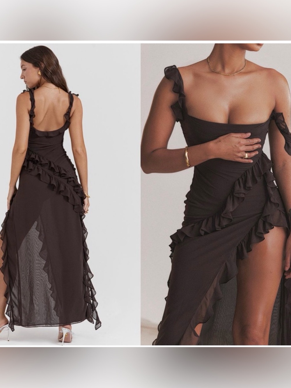 HOUSE OF CB 'Ariela' Espresso Ruffle Maxi Dress NWOT